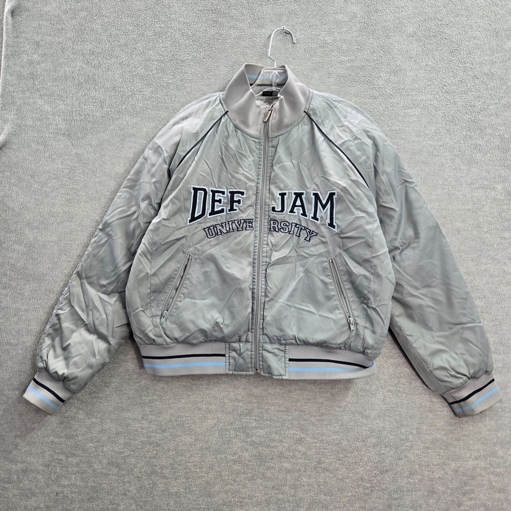 VINTAGE Def Jam University Women Jacket XL Gray Puffer Down Full Zip Y2K READ
